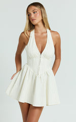 Raina Mini Dress - Halterneck Corset Waist Gathered Skirt Dress in Cream