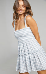 Wilda Mini Dress - Shirred Tiered Dress in Light Blue Gingham