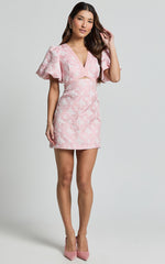 Diana Mini Dress - Jacquard Short Sleeve Cut Out Dress in Light Pink