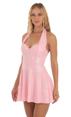 Sequin Halter Fit and Flare Dress in Pink
