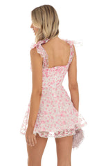 Shimmer Pink Floral Mini Dress in White