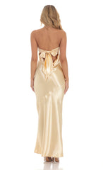 Strapless Satin Open Back Maxi Dress in Gold