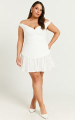 Izara Mini Dress - Off Shoulder Pleated Dress in Off White
