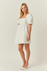 Open Back Floral Jacquard Puff Dress