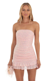 Sequin Ruched Bodycon Dress in Pink