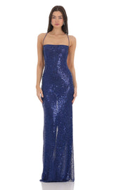 Sequin Mesh Maxi Dress in Blue