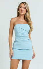 Junaidah Mini Dress - Strapless Ruched Dress in Blue