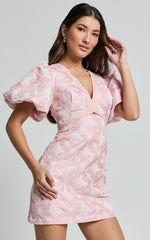Diana Mini Dress - Jacquard Short Sleeve Cut Out Dress in Light Pink