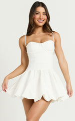 Kacey Mini Dress - Textured Drop Waist Bubble Hem Dress in Off White