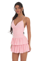 Ruched Ruffle Eyelet Dress in Pink