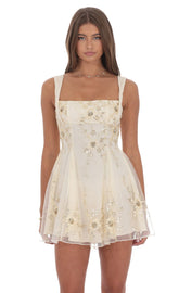 Floral Gold Sequin Fit and Flare Dress in Ivory