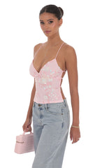 Open Back Sequin Floral Top in Pink