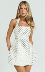 Dante Mini Dress - Halter Neck Tie Tulip Skirt Dress in White Polkadot