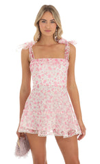 Shimmer Pink Floral Mini Dress in White