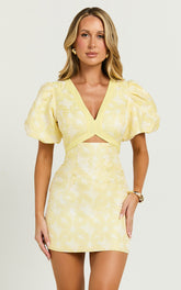 Diana Mini Dress - Jacquard Short Sleeve Cut Out Dress in Lemon