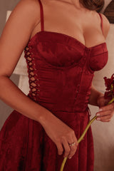 Wine Jacquard Satin Draped Mini Dress