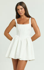 Aimee Mini Dress - Scoop Neck Corset Gathered Dress in White