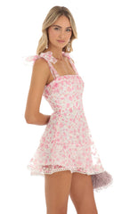 Shimmer Pink Floral Mini Dress in White