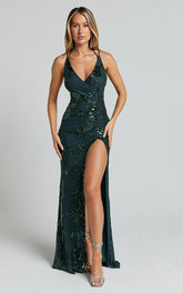 Out Till Dawn Maxi Dress Thigh Split Dress in Emerald Sequin
