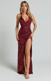 Out Till Dawn Maxi Dress Thigh Split Dress in Wine Sequin
