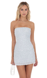 Knit Sequin Strapless Dress in Light Blue