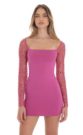 Sequin Long Sleeve Dress in Magenta