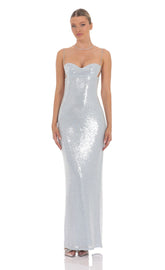 Sequin Open Back Maxi Dress in Icy Blue