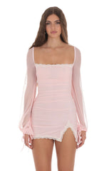 Mesh Lace Ruched Dress in Baby Pink