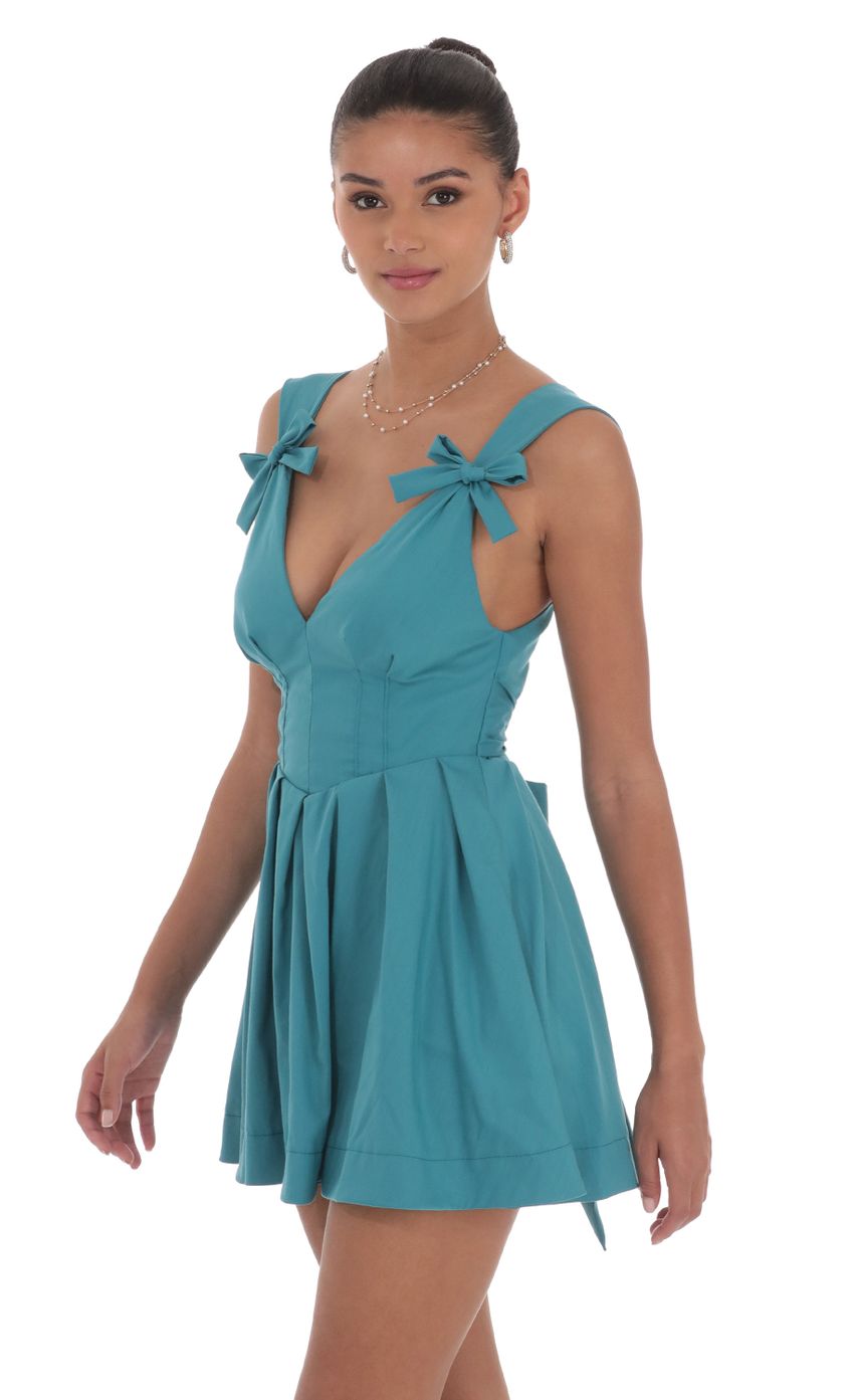 Double Bow A-Line Dress in Turquoise Blue