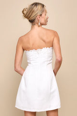 Unforgettable Icon White Satin Strapless Floral Mini Dress