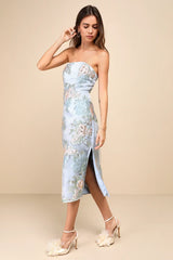 Upgraded Event Blue Jacquard Strapless Bustier Midi Dress