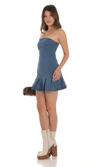 Strapless Pleated Dress in Denim