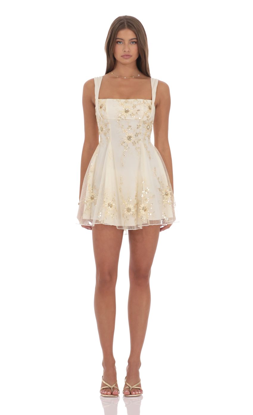 Floral Gold Sequin Fit and Flare Dress in Ivory