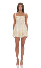 Floral Gold Sequin Fit and Flare Dress in Ivory