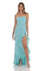 Strapless Back Bow Corset Maxi Dress in Aqua Blue