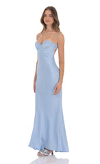 Open Back Satin Maxi Dress in Light Blue