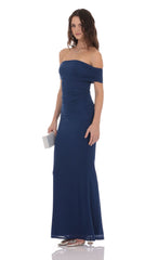 Mesh Shell Off Shoulder Maxi Dress in Navy