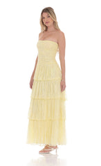 Lace Ruched Ruffle Maxi Dress in Yellow