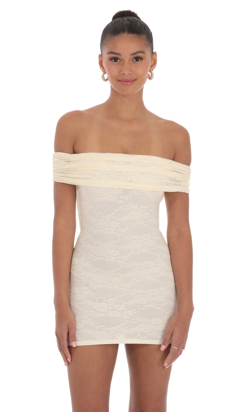 Off Shoulder Lace Bodycon Dress in Cream