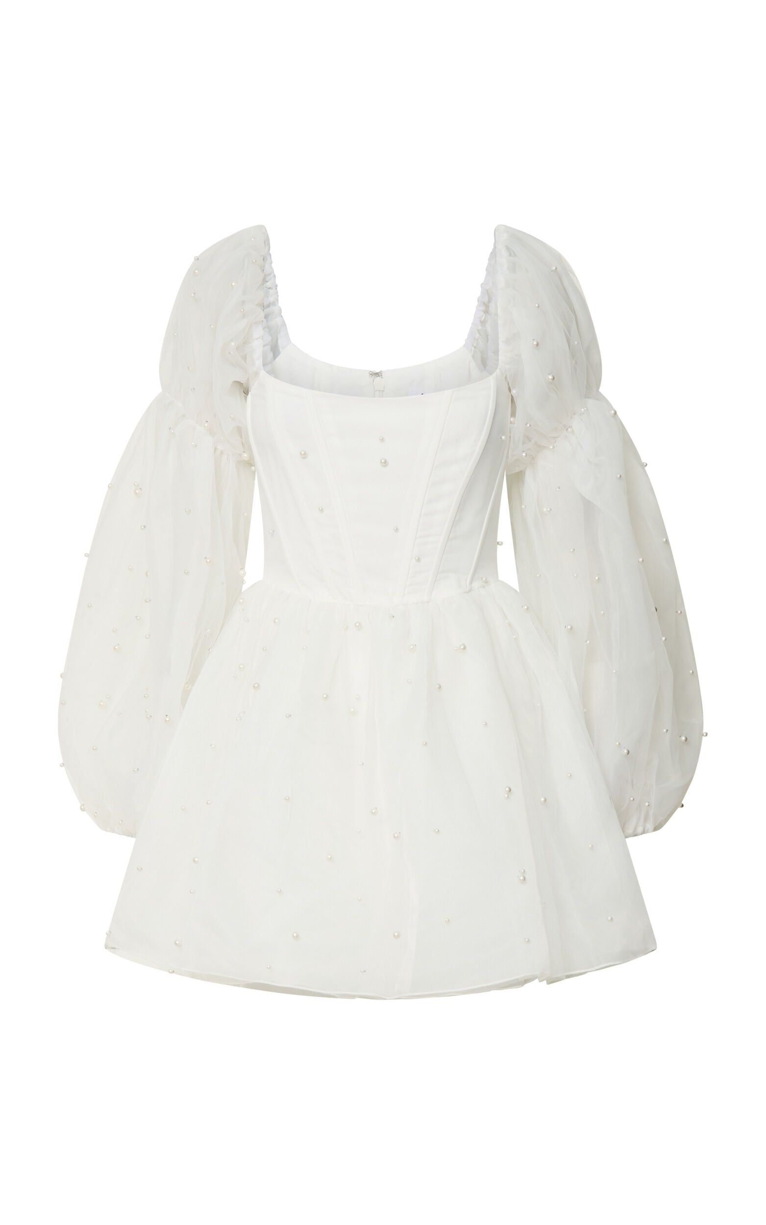 Ingrid Mini Dress - Long Puff Sleeve Pearl Detail Dress in White