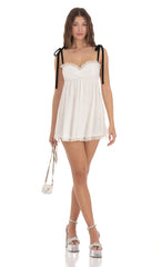 Mesh Velvet Shoulder Ties Babydoll Dress in White