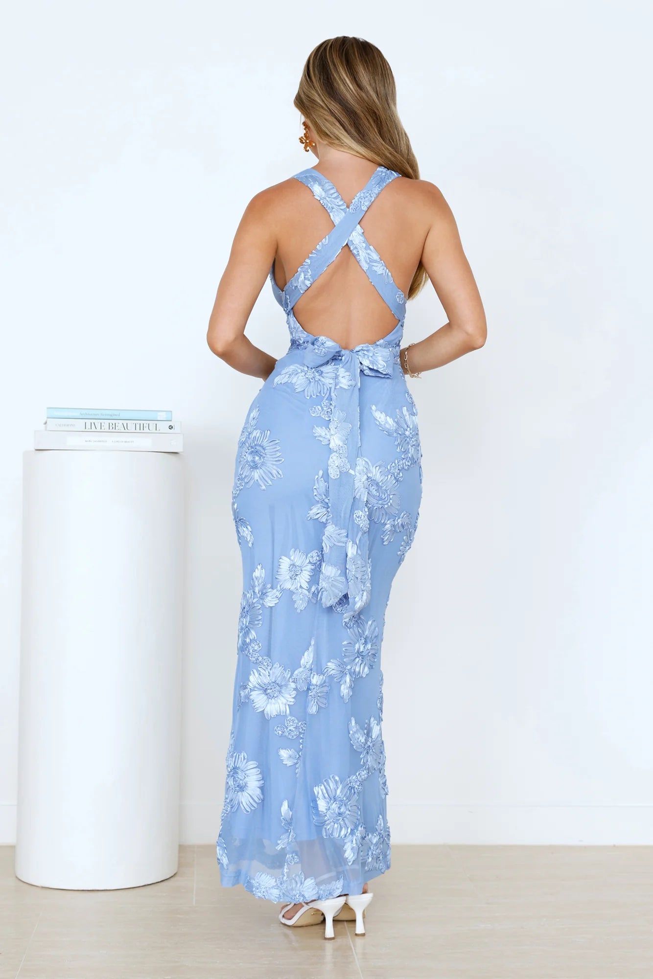 Lime Light Mesh Halter Maxi Dress Blue
