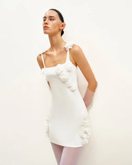Elaina White Rosette Applique Mini Dress - White
