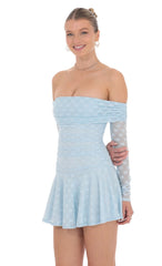 Lace Off Shoulder Flare Dress in Light Blue