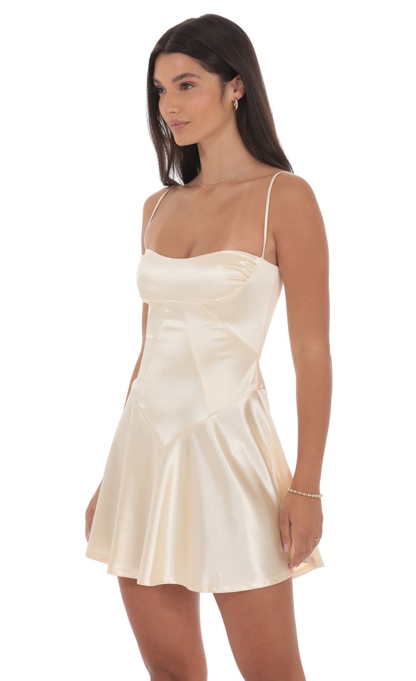 Satin V-Drop Waist Dress in Champagne