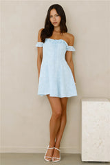 Lasting Impressions Off Shoulder Mini Dress Blue