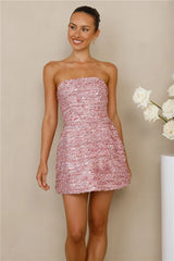 Exquisite Charm Tweed Sequin Strapless Mini Dress Pink