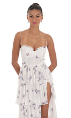 Floral Mesh Ruffle Maxi Dress in White