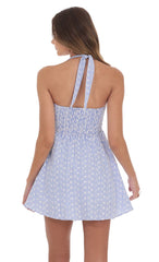 triped Floral Halter Fit and Flare Dress in Blue and White
