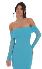 Mesh Off Shoulder Maxi Dress in Aqua Blue